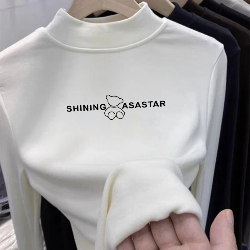 德绒半高领字母长袖t恤女秋冬季时尚百搭减龄洋气正肩内搭打底衫