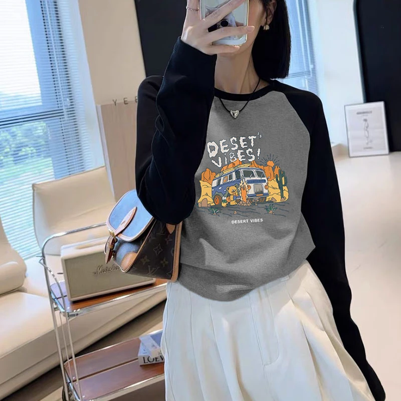 设计感小众不撞款圆领拼色正肩长袖t恤女秋季时尚百搭上衣打底衫