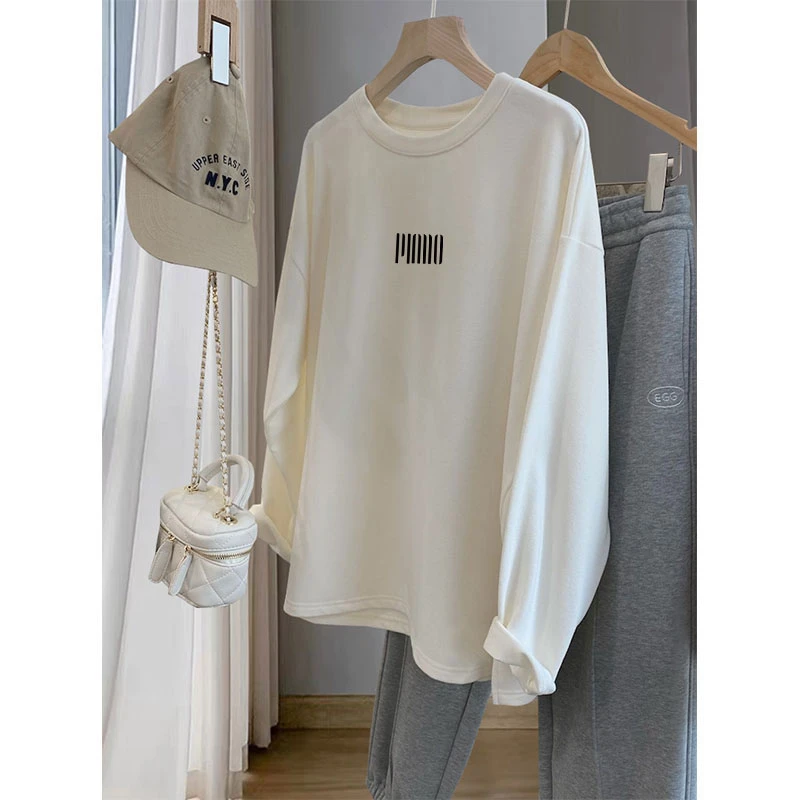 正肩德绒磨毛长袖t恤女秋时尚百搭白色上衣宽松中长款内搭打底衫