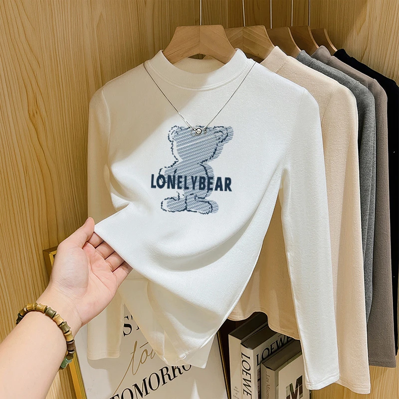 德绒磨毛小众设计感半高领长袖t恤女ins时尚百搭上衣秋冬季打底衫