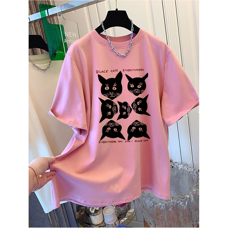 2024新款粉色短袖t恤女中长款宽松百搭休闲上衣配鲨鱼裤大码T恤