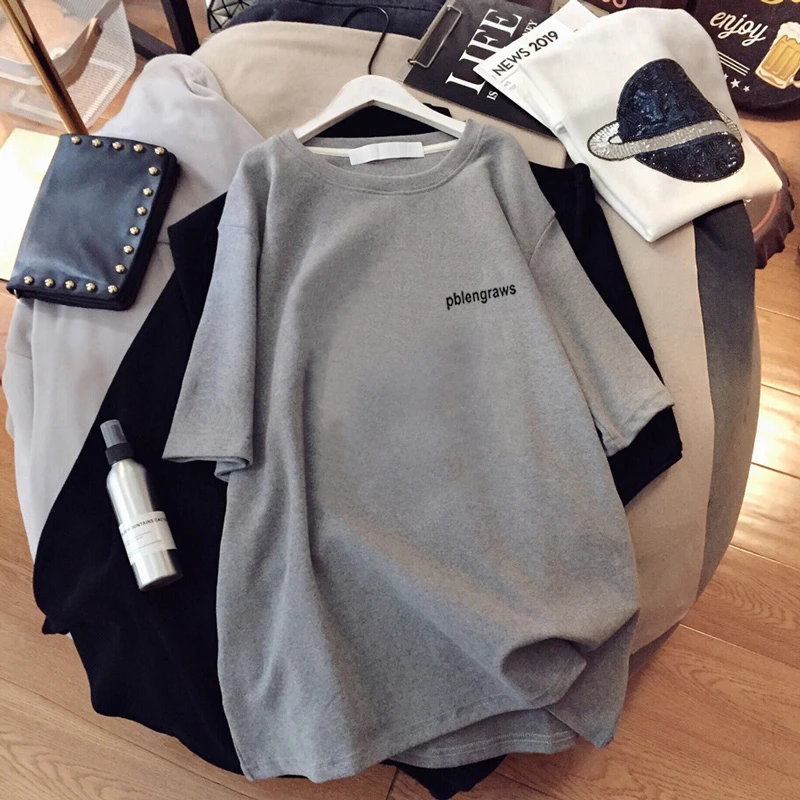 灰色T恤女中长款磨毛宽松大码慵懒风2024春秋季新款短袖打底上衣