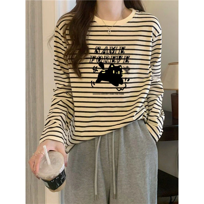 条纹圆领长袖t恤女春秋2024年新款洋气宽松显瘦遮肚子内搭打底衫