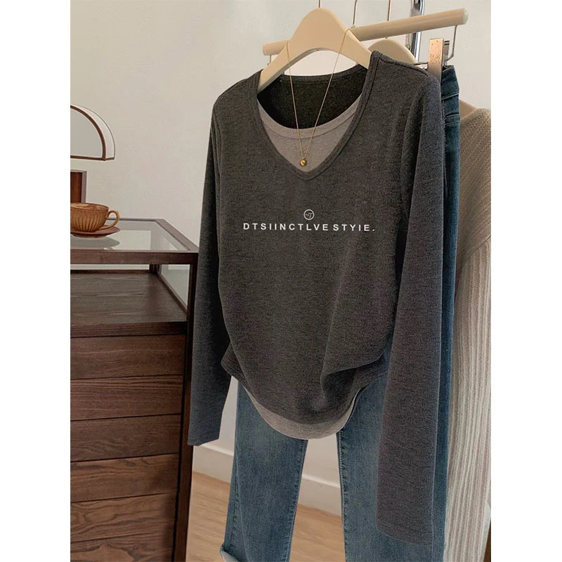 2024早秋新款假两件长袖T恤女时尚休闲洋气减龄内搭打底衫上衣潮