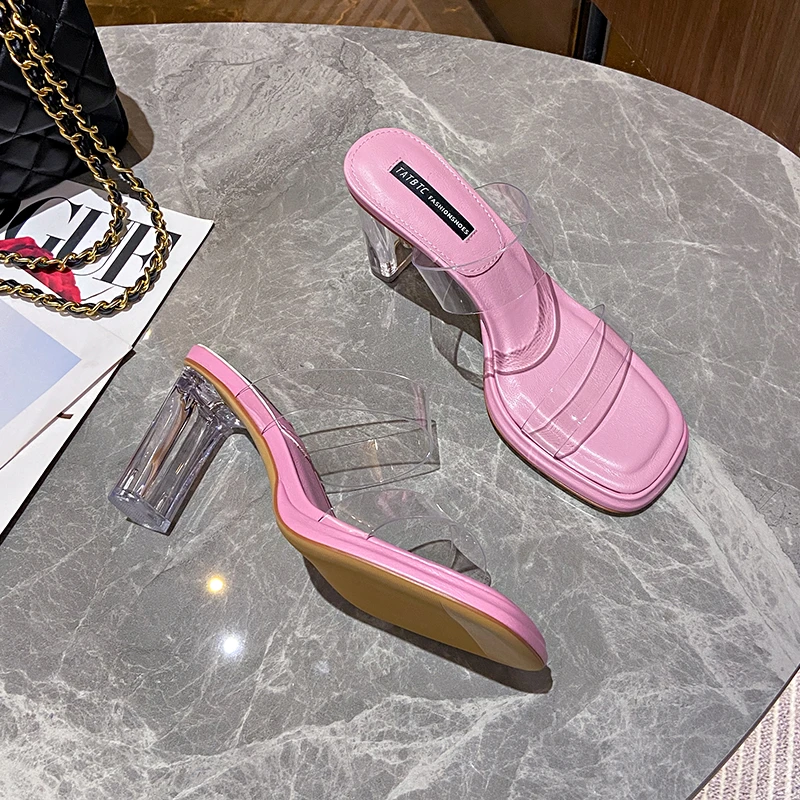 香8759【7公分】春夏新款甜美网红风透明一字带方头露趾粗跟拖鞋女