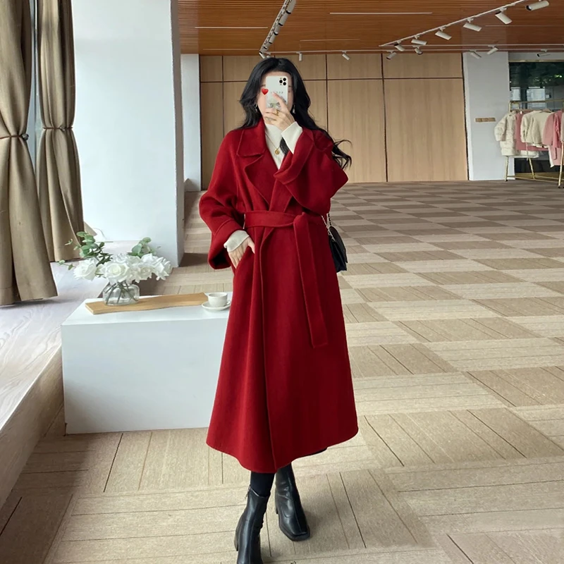 可拆卸羽绒内胆大衣女2024秋冬新款宽松中长款小个子红色毛呢外套