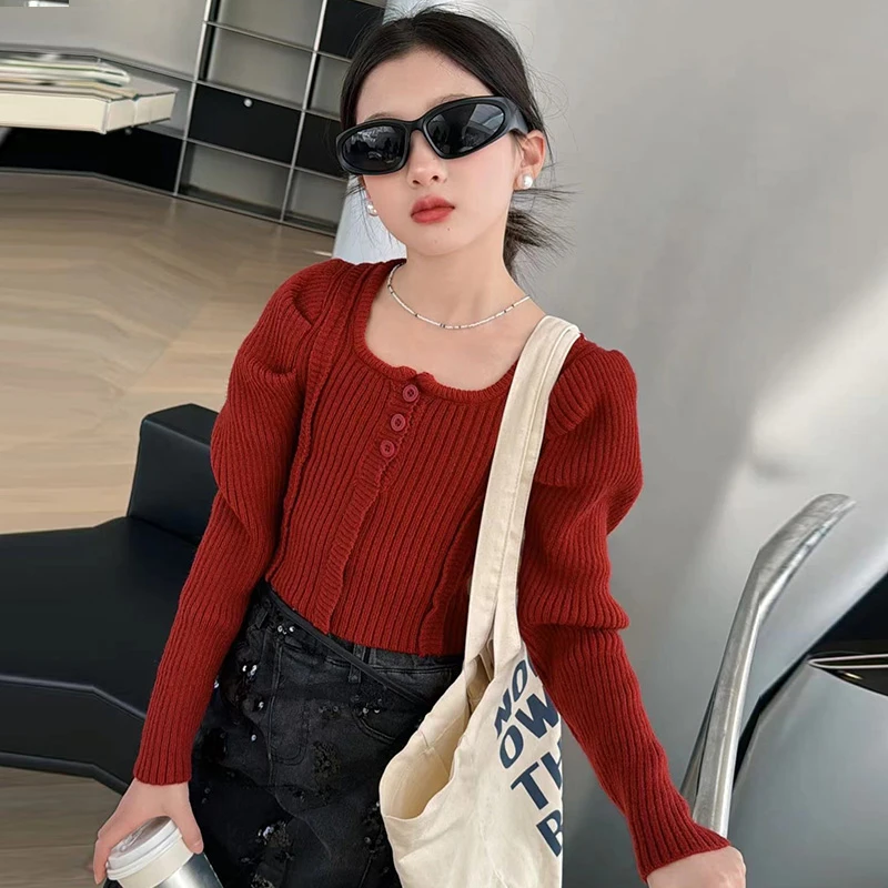 女童毛衣春秋2025新款中大童女孩洋气泡泡袖儿童网红时髦针织衫潮