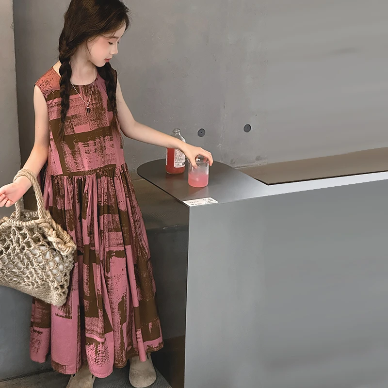 【嘻嘻柚】女童夏季2024新款儿童时尚洋气无袖背心连衣裙公主风长裙