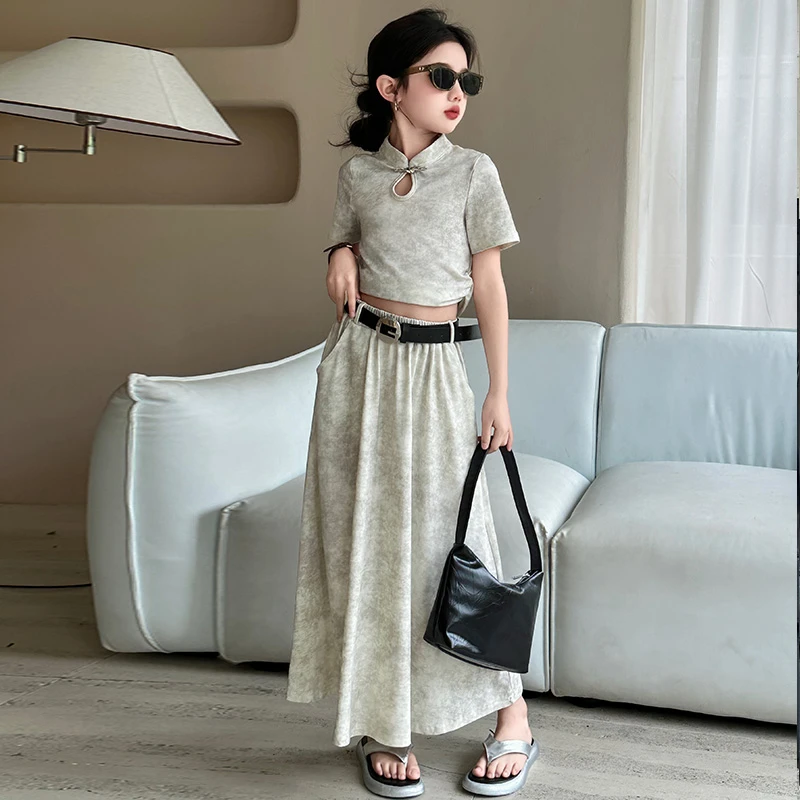 女童夏季立体短袖晕染半身裙套装2024新童装爆款设计感中式两件套