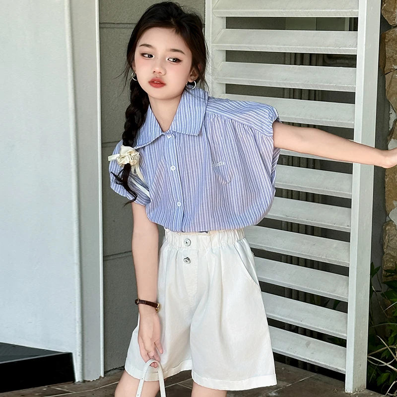 女童夏季条纹衬衫短袖短裤2024新款儿童法式时尚短袖条纹衬衫短裤