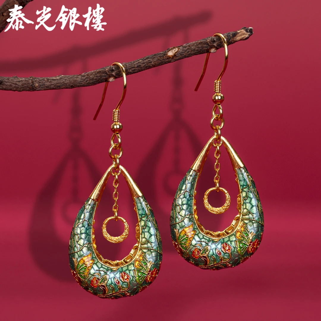 泰光银楼 925银珐琅耳饰 景泰蓝山茶花耳坠鎏金国风银饰水滴型