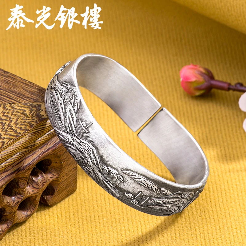 泰光银楼 足银手镯 下架云山人家马蹄手镯江南山水图明清银饰77克
