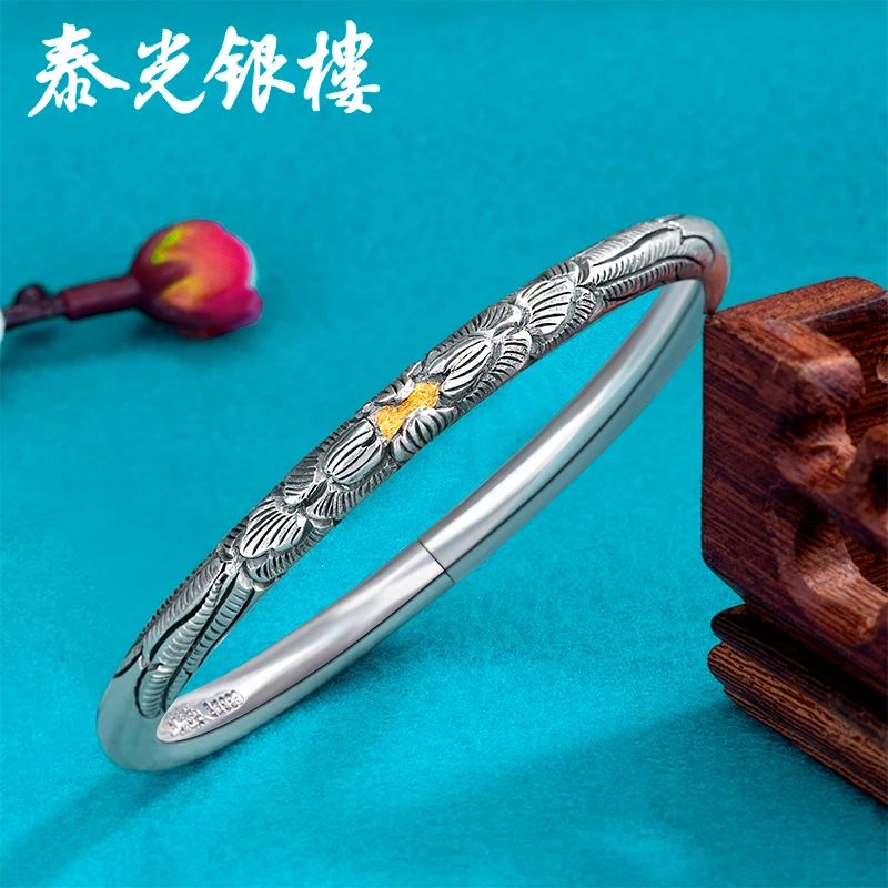 泰光银楼 足银手镯 牡丹手镯圆棍纯手工錾刻银手镯古风实心