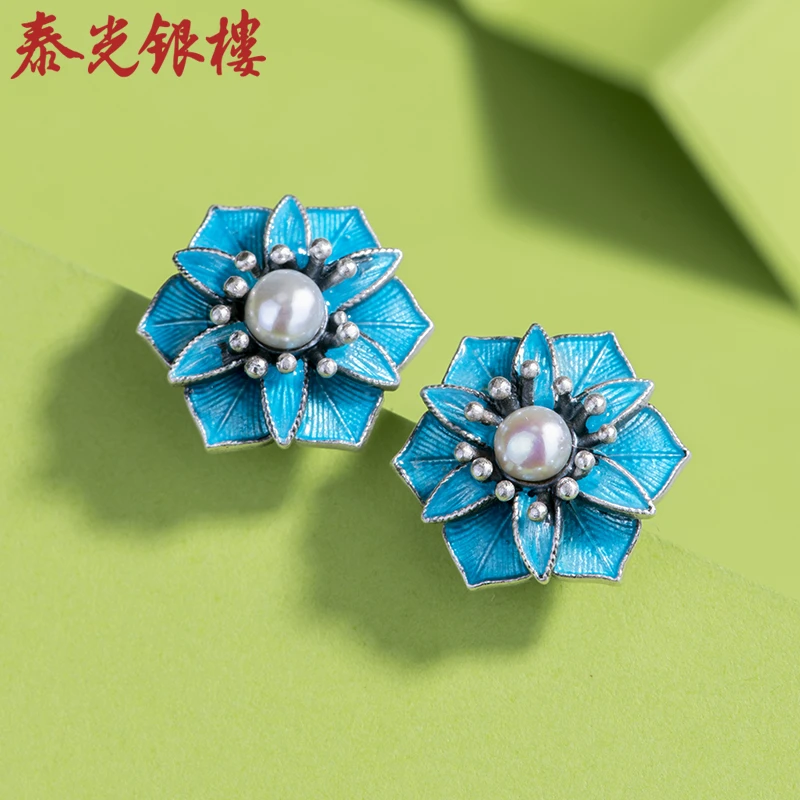 泰光银楼 足银珐琅耳饰 阿海设计 999花开五福耳钉国风银饰 0262