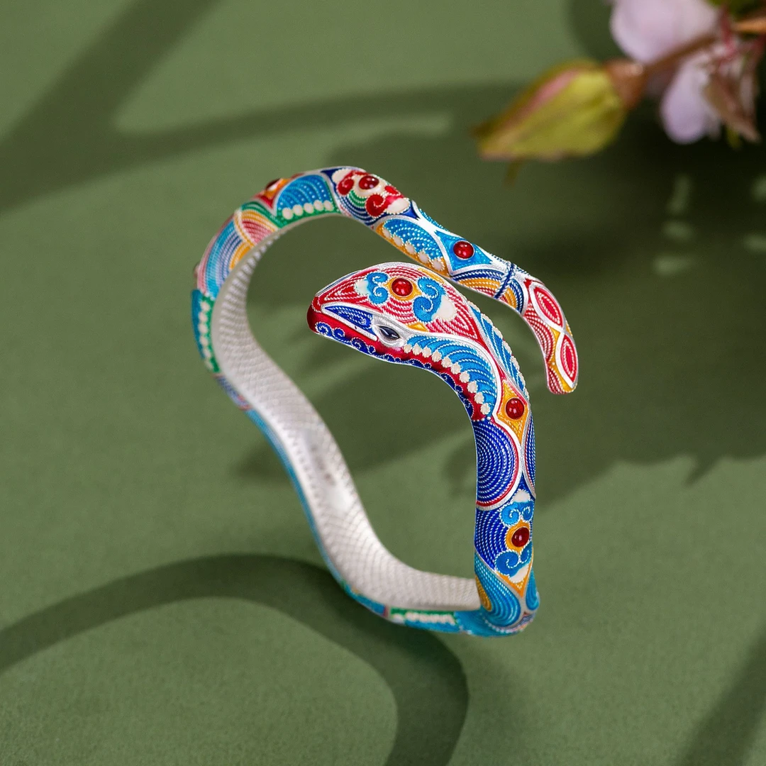 泰光银楼 足银珐琅手镯 足银9999彩绘掐丝工艺灵蛇手镯个性精美