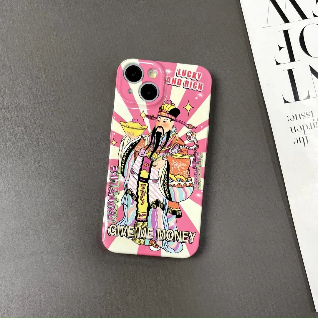 天壳适用苹果14华为oppo荣耀个性粉色财神爷精孔全包菲林光面手机