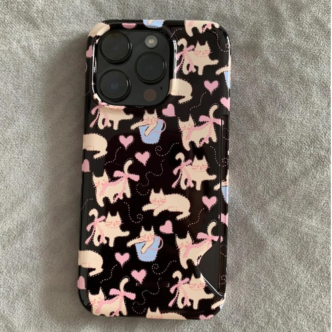 天壳黑色爱心猫咪14苹果手机壳iPhone13Promax菲林壳11高级感12全