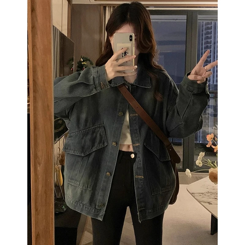美式复古大口袋牛仔外套女春秋款2025新款设计感休闲百搭夹克上衣