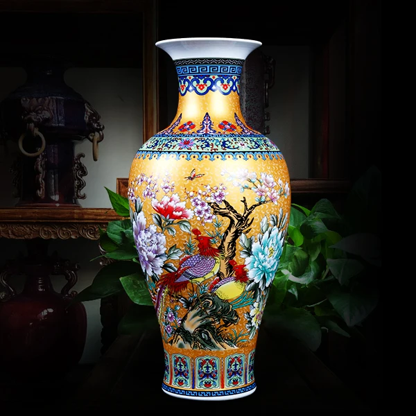 景德镇匠心之作 吉祥富贵珐琅彩花鸟鱼尾瓶  景德镇中式陶瓷摆件
