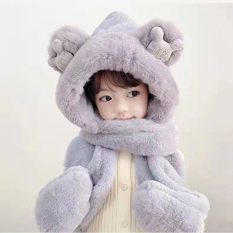 儿童帽子围巾手套三件套冬季加绒加厚女童男宝宝防风帽亲子一体帽