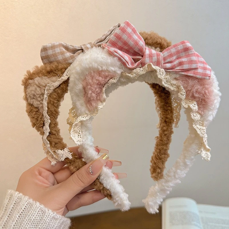 可爱蝴蝶结小熊发箍洗脸毛绒头箍新年春秋冬新款压发发卡头饰格子