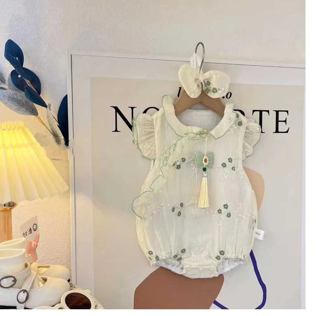 婴儿夏季女宝洋气中国风刺绣花边偏开包屁衣女宝夏季新款百天服