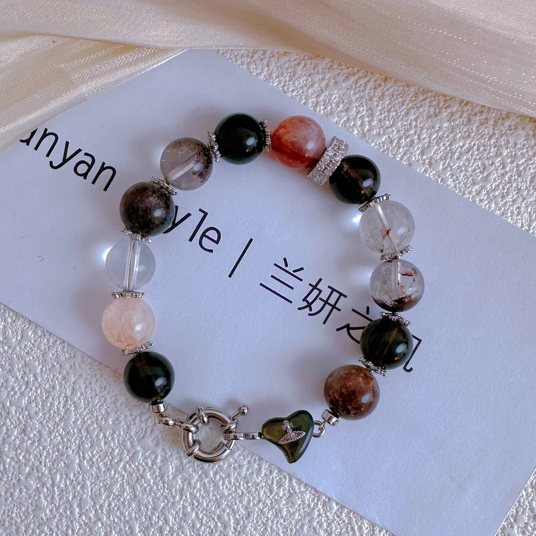 天然水晶 天然茶晶红胶花水晶手链锆石配件土星爱心连接扣 7703
