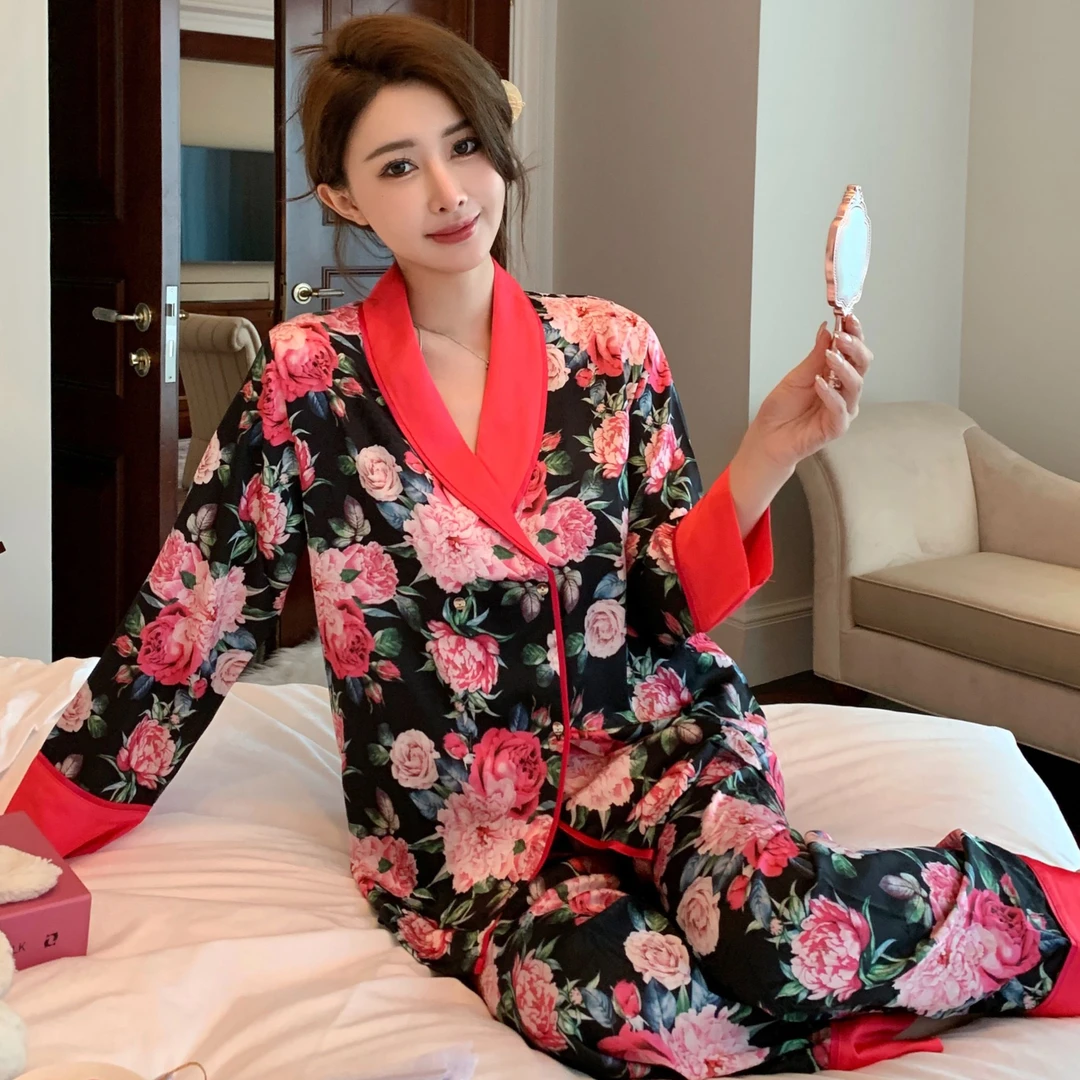 2024年春秋时尚奢华粉色玫瑰印花居家可外穿睡衣家居服套装女士