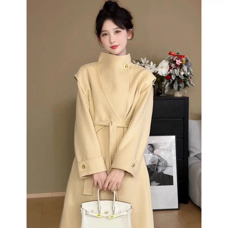 轻奢时尚中长款毛呢大衣2024秋冬新款小个子甜美风气质立领呢外套