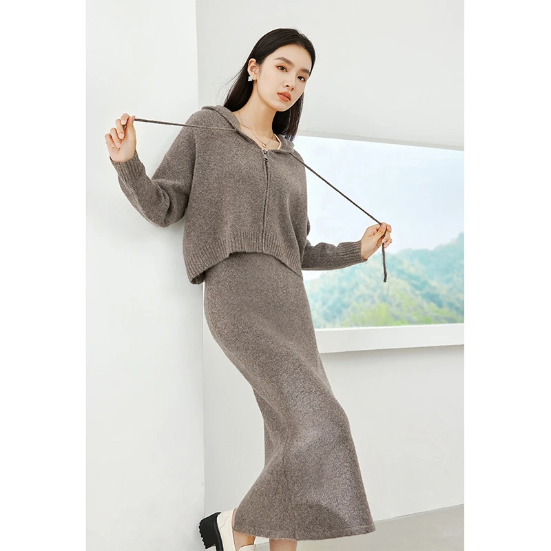 梵希蔓时尚休闲针织两件套连帽外套搭直筒裙套装72637