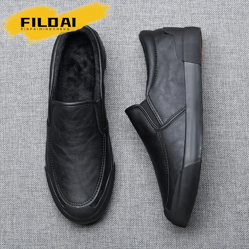 FILDAI男鞋2025新款秋冬季一脚蹬皮鞋男士商务休闲鞋加绒保暖棉鞋