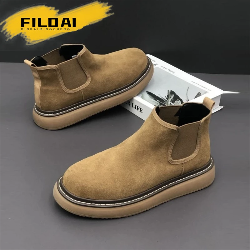 FILDAI马丁靴男款秋冬季加绒休闲板鞋男士英伦风复古高帮切尔西靴