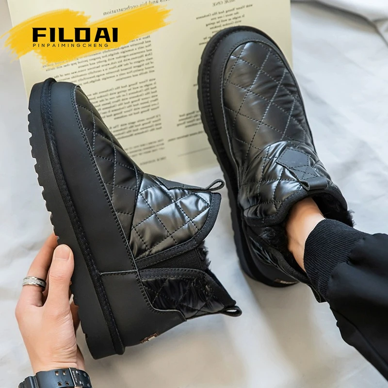 FILDAI雪地靴男款冬季加绒保暖东北棉鞋羽绒布厚底一脚蹬马丁短靴