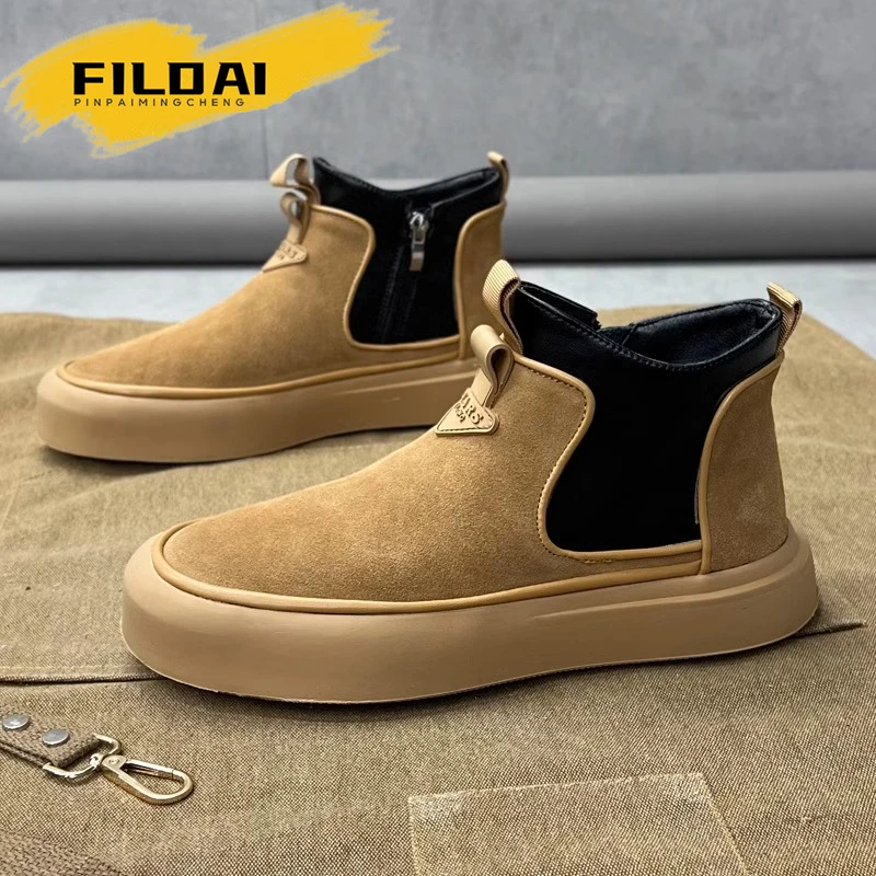 FILDAI男鞋2025新款秋冬季加绒棉鞋男士翻毛休闲板鞋高帮厚底短靴