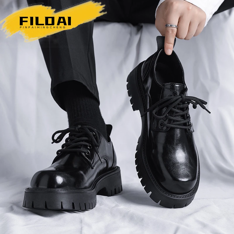 FILDAI潮牌皮鞋男款冬季加绒低帮马丁靴英伦商务正装大头休闲鞋子