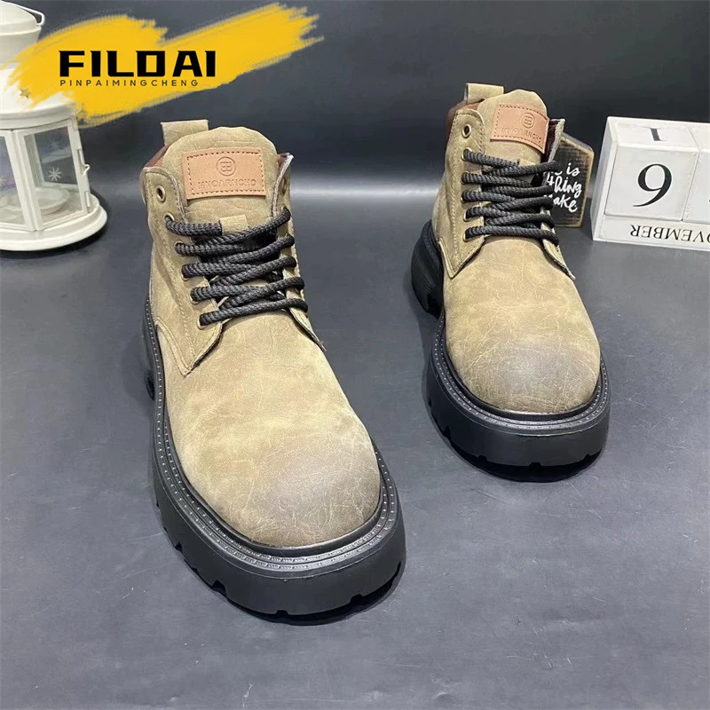 FILDAI马丁靴男士秋冬季高级感翻毛皮厚底高帮鞋英伦加绒大黄靴子
