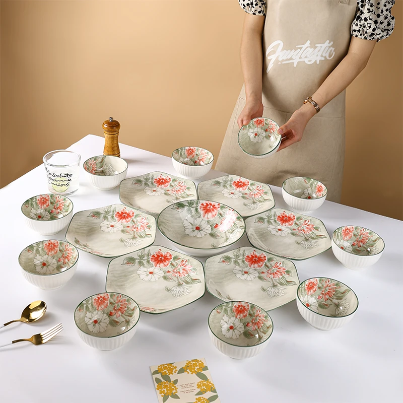 金刚钻花开富贵18件碗盘餐具套装高颜值陶瓷碗碟釉下彩创意网红