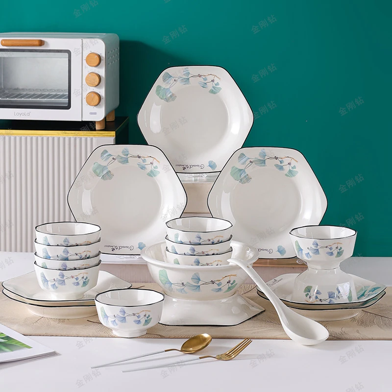 金刚钻美好时光六角拼盘20件套釉下彩陶瓷家用创意简约碗碟盘