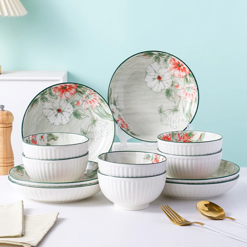 花开富贵12件套碗盘餐具套组家庭套装陶瓷釉下彩贰