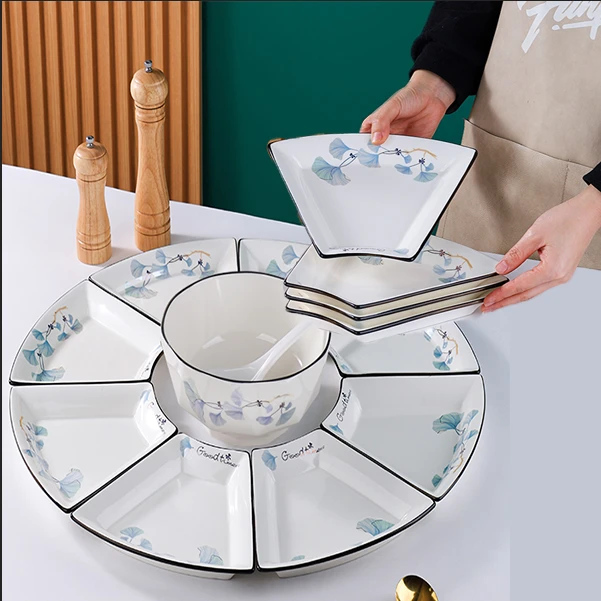 金刚钻【景德镇展会】美好时光扇形盘钻盆套组高档中式家用碗盘套装
