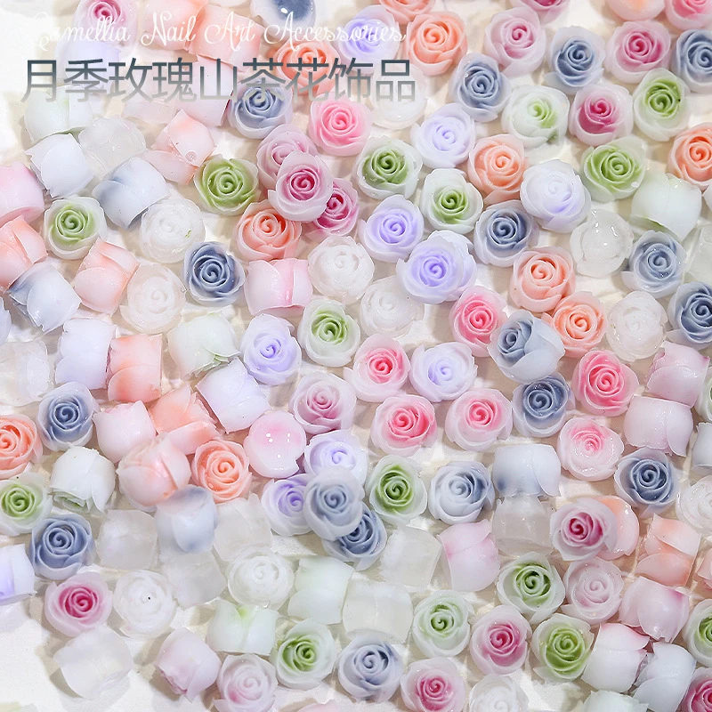 网红山茶花美甲饰品混装月季玫瑰花渐变晕染小花朵指甲钻配饰