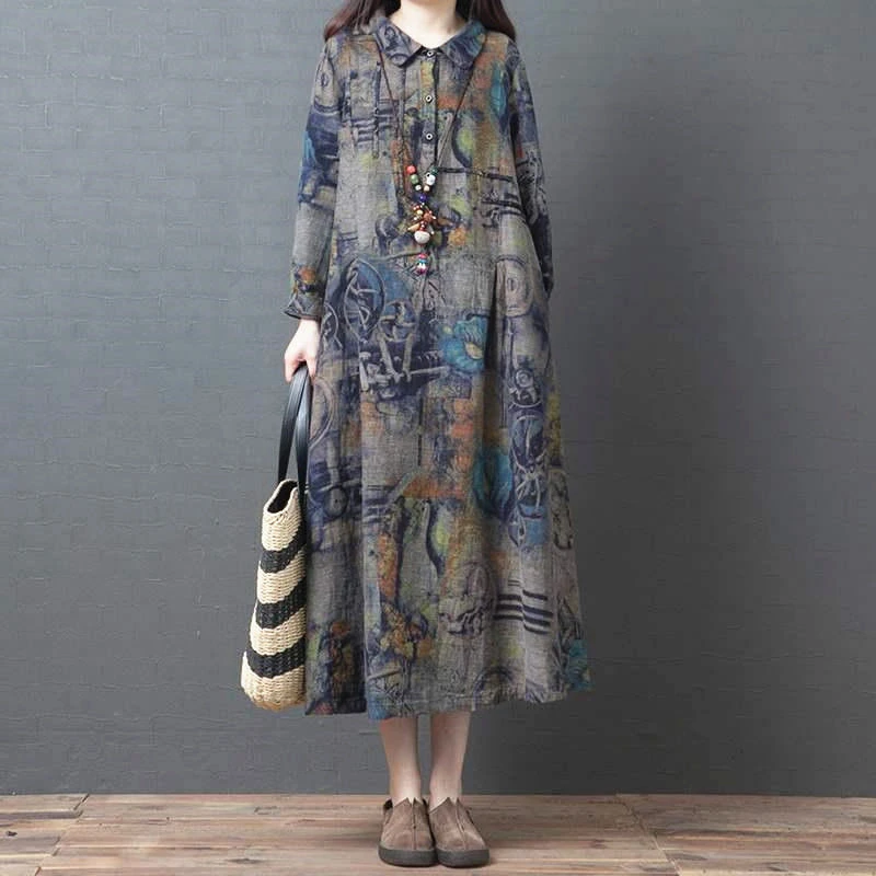 气质印花连衣裙女秋装新款韩版宽松衬衫裙大码显瘦衬衣裙