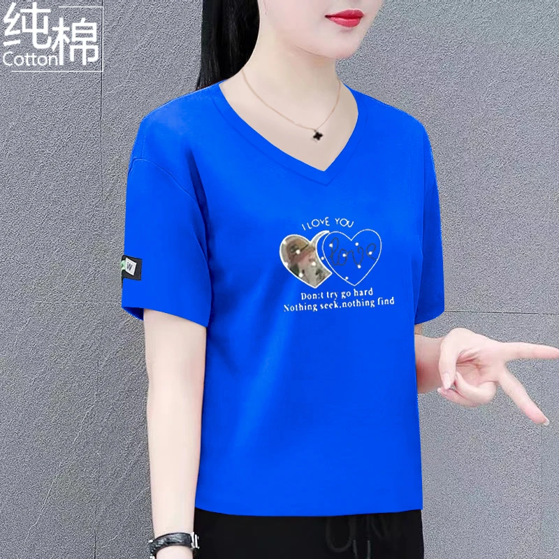纯棉短袖T恤女2024夏季新款洋气减龄宽松大码印花休闲v领体恤上衣