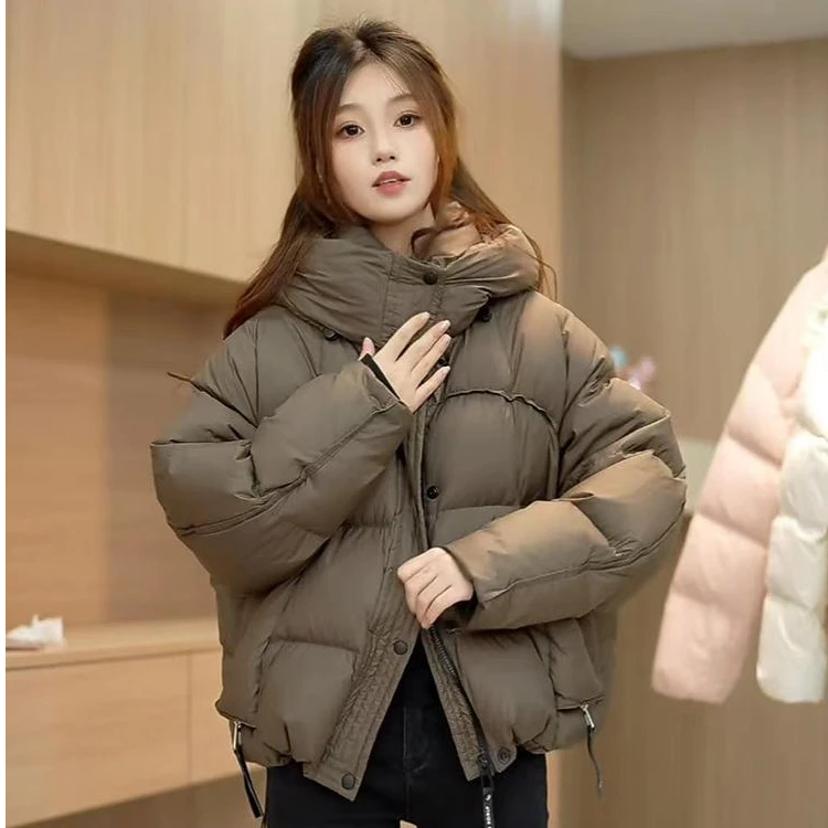 爆款小方块短款羽绒服女2024冬季新款韩版宽松连帽学生面包服外套