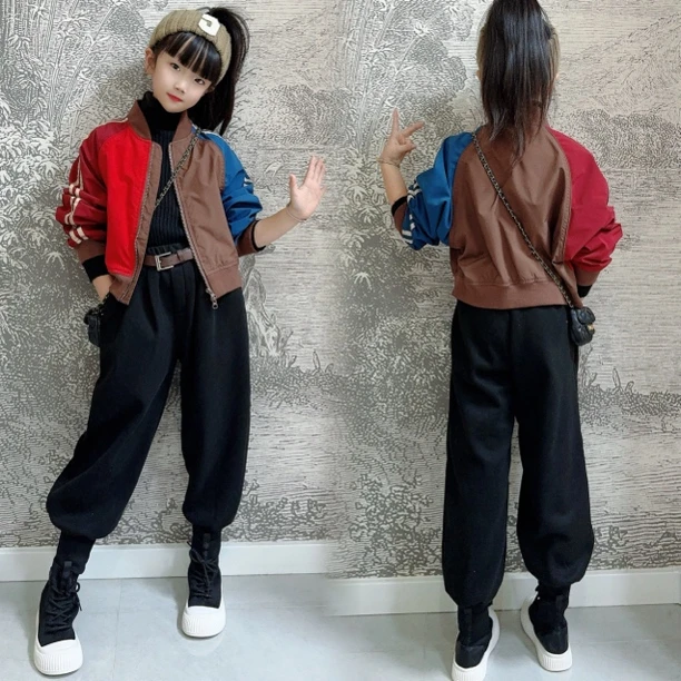 女童撞色夹克衫夹棉外套2024新款韩版儿童时髦休闲裤百搭毛衣内搭