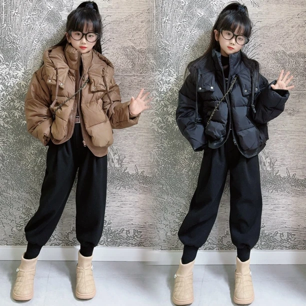 2024冬季新款女童连帽羽绒服中大童女孩短款加厚面外套