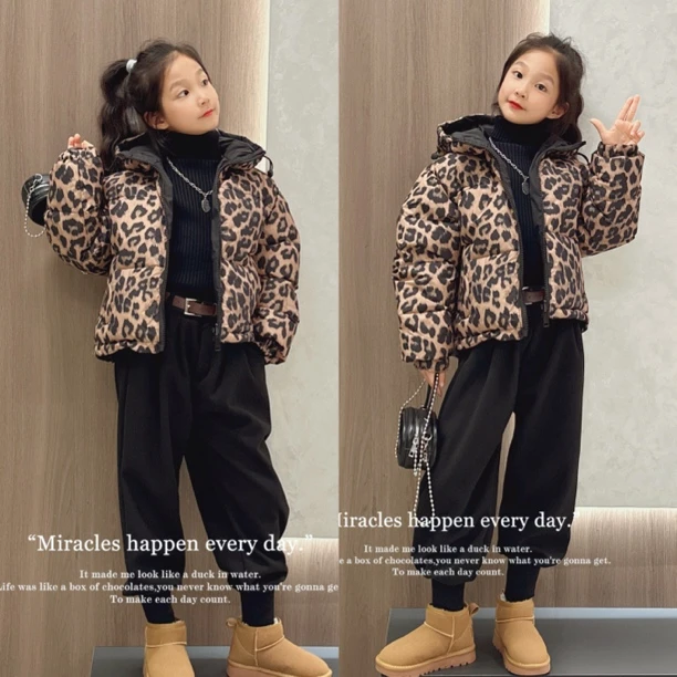 女童冬季豹纹棉服外套童装新款女孩加厚洋气棉服灯笼裤