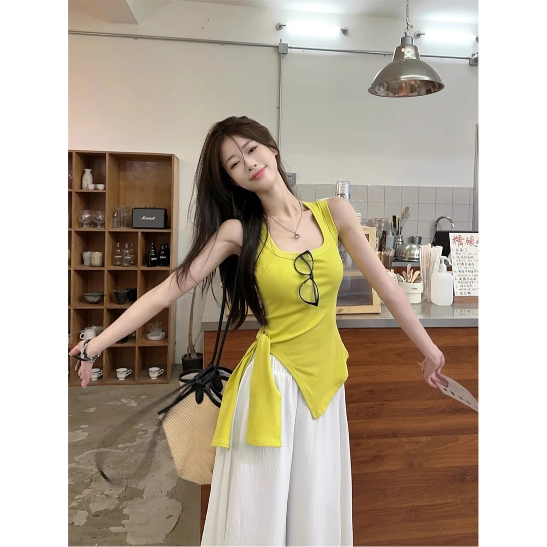 设计感不规则性感开叉吊带背心女装夏季修身显瘦黄色无袖辣妹上衣