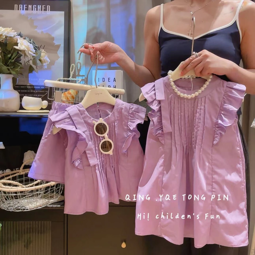 女童洋气韩版百褶纯色无袖木耳花边两件套连衣裙S24386/S24387嘉