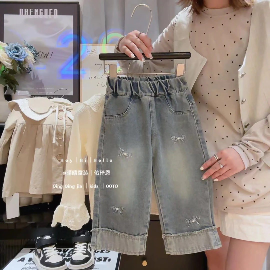 女童洋气甜美蝴蝶结百搭韩系直筒牛仔裤2025秋季JN新款NZK-HDJ